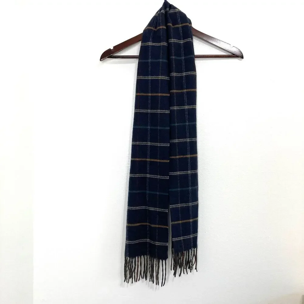 Perry Ellis Vintage Navy Plaid Fleece Scarf 11 x 65 Classic Preppy Warm 90s